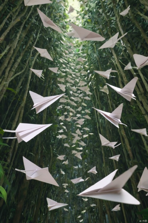 A flock of paper airplanes flutters through a dense jungle, weaving around trees as if they were migrating birds, (best quality, masterpiece, Representative work, official art, Professional, Ultra intricate detailed, 8k:1.3)