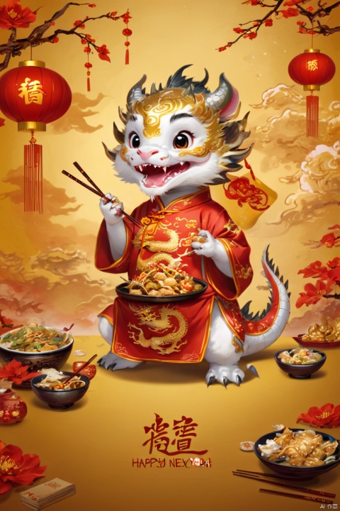 postcard, Chinese New Year 2024, dragon cub, dress, eating Chinese food, strong festive atmosphere, Chinese elements, (best quality, masterpiece, Representative work, official art, Professional, 8k)