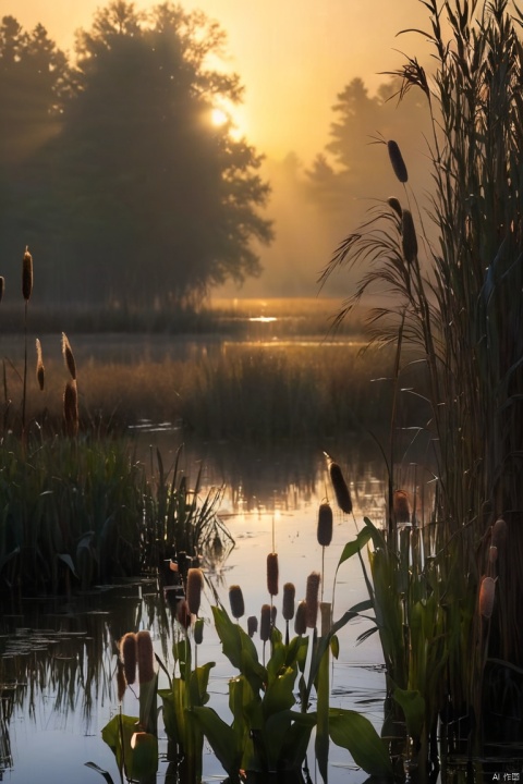 Landscape photography was taken with a Canon EOS R5 camera and a Canon RF 70-200mm F2 lens...8L ESM USM, Beautiful landscape of a foggy morning on a picturesque swamp, light fog and sunshine, rays break through the shoots of reeds and cattails and create a Tyndall effect in the fog, (Tyndall effect:1.7), ray tracing, clear distribution of sunlight through thickets of reeds and cattails, rays refract in the fog, (best quality, masterpiece, Representative work, official art, Professional, Ultra intricate detailed, 8k:1.3), light master, Face Score