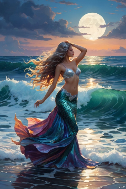 The night fell low, and the silver moonlight penetrated the sea surface, shining on a mermaid princess. She was dressed in a flowing and colorful scale long skirt, dancing gracefully on the sea surface. Her long hair undulated with the waves, as if dancing with the ocean, breathtaking beauty, (masterpiece, best quality, perfect composition, very aesthetic, absurdres, ultra-detailed, intricate details, Professional, official art, Representative work:1.3)
