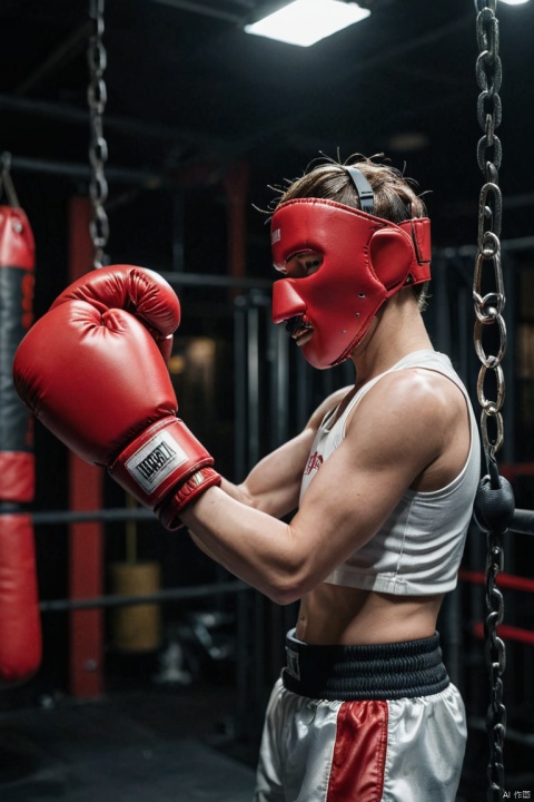 cinematic photo, focused Mechanical Puppet, red boxing gloves, dark gym backdrop, Nikon D850, 1/160s, f/2.8, ISO 640, capturing emotion, athletic form, cinematic photorealistic, uhd, natural lighting, raw, rich, key visual, atmospheric lighting, (best quality, masterpiece, Representative work, official art, Professional, Ultra intricate detailed, 8k:1.3)