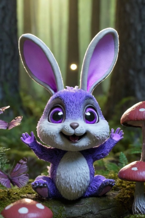 3D animation of a small, round, fluffy creature with big, expressive eyes explores a vibrant, enchanted forest. The creature, a whimsical blend of a rabbit and a squirrel, has soft blue fur and a bushy, striped tail. It hops along a sparkling stream, its eyes wide with wonder. The forest is alive with magical elements, flowers that glow and change colors, trees with leaves in shades of purple and silver, and small floating lights that resemble fireflies. The creature stops to interact playfully with a group of tiny, fairy-like beings dancing around a mushroom ring. The creature looks up in awe at a large, glowing tree that seems to be the heart of the forest, (best quality, masterpiece, Representative work, official art, Professional, Ultra intricate detailed, 8k:1.3)