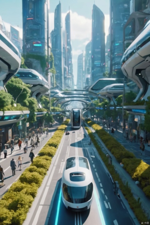 A street-level tour through a futuristic city which in harmony with nature and also simultaneously cyperpunk / high-tech.The city should be clean, with advanced futuristic trams, beautiful fountains, giant holograms everywhere, and robots all over, (best quality, masterpiece, Representative work, official art, Professional, Ultra intricate detailed, 8k:1.3)