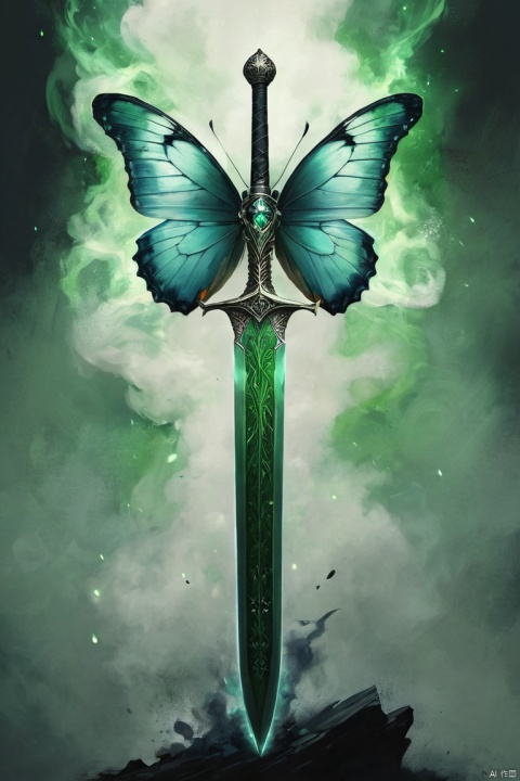 Blue butterfly detail, A sword,Dazzling green giant sword,White smoke coming out of black background, concept art, Draw a picture, magic, Painted by professional artist in the modern art style of Manuel Fernández García, masterpiece, Vibrant colors, Obvious pinch marks, (masterpiece, best quality, perfect composition, very aesthetic, absurdres, ultra-detailed, intricate details, Professional, official art, Representative work:1.3)