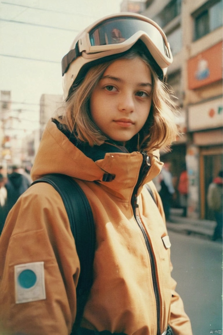analog photo, a cute girl, bihari, 18 years old, light brown hair, petite, small , ski suit, zoom layer cyberpunk city, vintage, faded film, film grain, polaroid, (masterpiece, best quality, perfect composition, very aesthetic, absurdres, ultra-detailed, intricate details, Professional, official art, Representative work:1.3)