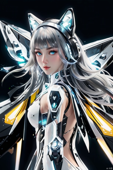 fractal art, zendispute, mecha girl, silver long hair, full-body pose, mechanical wings, cat_ears, dynamic angle, Chaos in its most beautiful form, brutalist design, Atmospheric, (panoramic, Ultra high saturation, bright and vivid colors), (best quality, masterpiece, Representative work, official art, Professional, 8k)