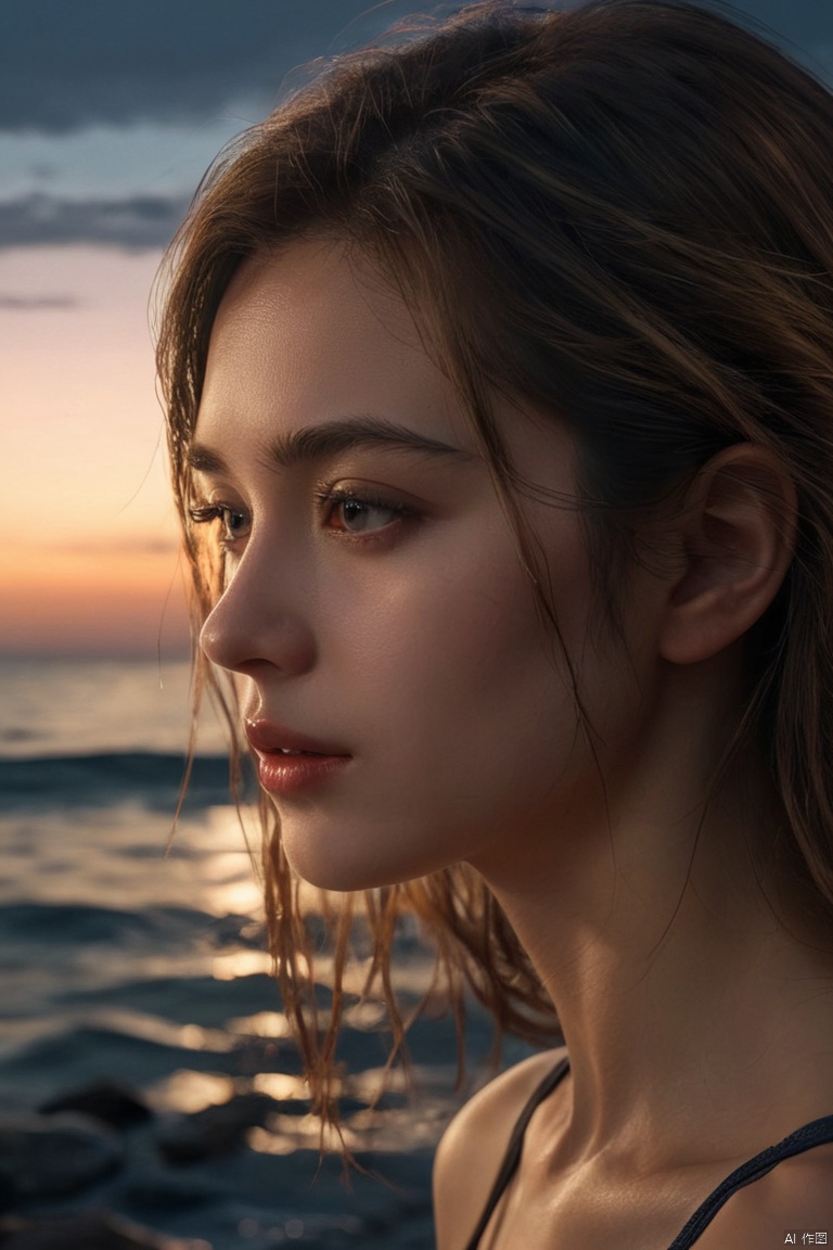 a girl by the sea, [by Vincent Di Fate|(Boris Groh:0.7)], summer night, (High detail, photograph, realistic), (best quality, masterpiece, Representative work, official art, Professional, 8k:1.3)