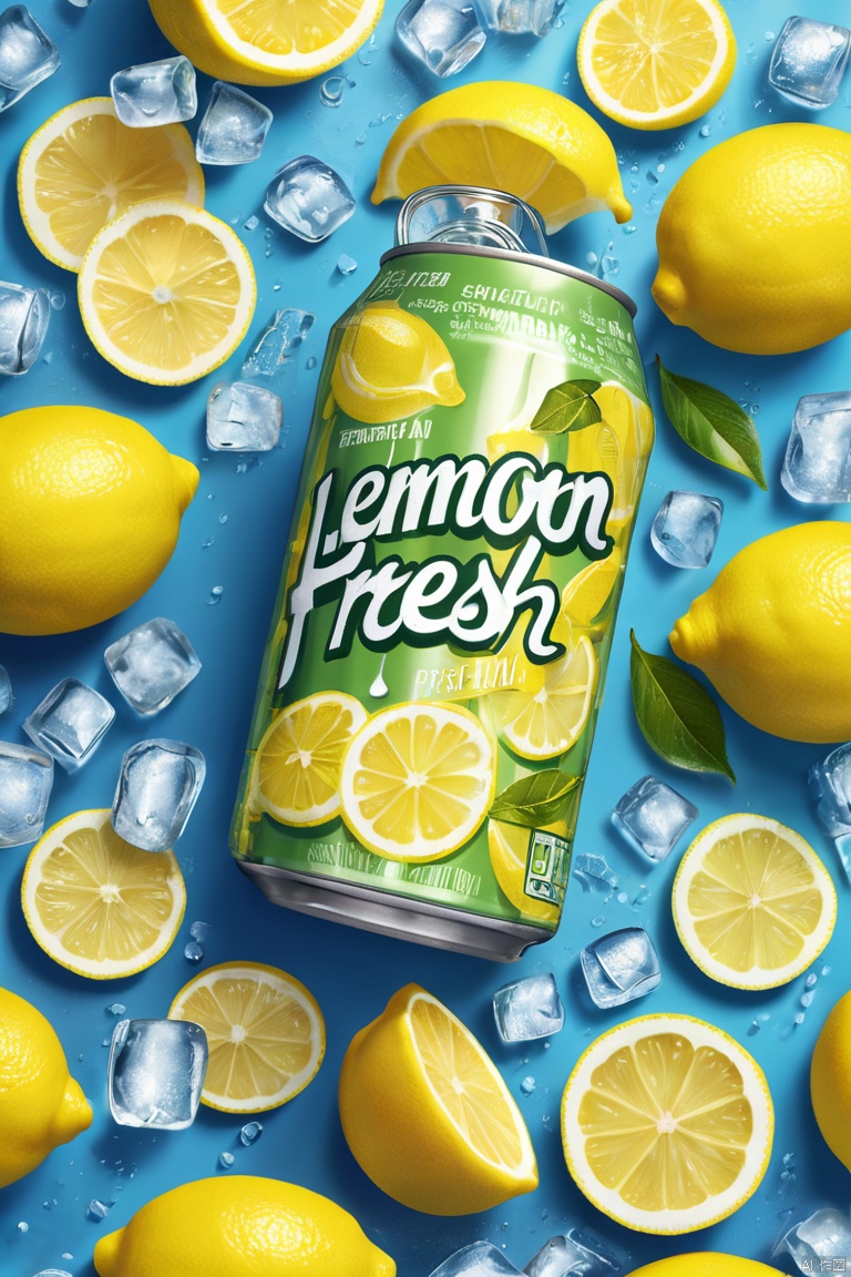 A high-detail, realistic image of a tin can soft drink bottle, themed around lemon flavours. The drink bottle is surrounded by slices of lemon and ice cubes, with wisps of chilly vapor wrapping around the arrangement, personifying the cold freshness of the beverage. Also prominently included is a 3D text saying 'Lemon Fresh'. This vivid scene should conjure the refreshing sensation of a fizzy lemon drink on a warm day. The final image is preferred to have the richness and clarity of a 4K resolution image, (masterpiece, best quality, perfect composition, very aesthetic, absurdres, ultra-detailed, intricate details, Professional, official art, Representative work:1.3)