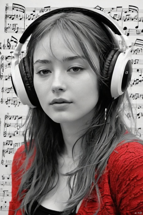 she's lost in the music, (three-colour style), red, black and white, musical notes, total euphoria, (masterpiece, best quality, perfect composition, very aesthetic, absurdres, ultra-detailed, intricate details, Professional, official art, Representative work:1.3)