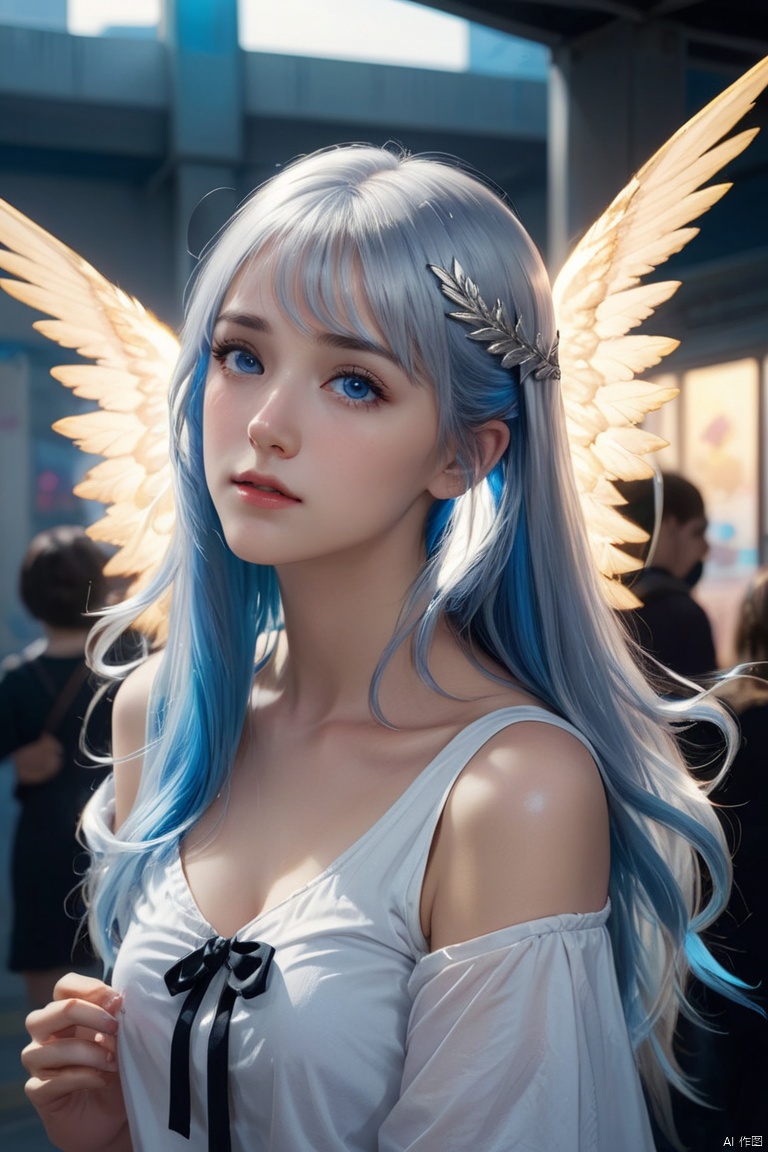 underpass, a girl, silvery hair, long hair, bangs, blue eyes, hair ornament, angel wings, crowd background, hering fantasy, enhance, intricate, (best quality, masterpiece, Representative work, official art, Professional, 8k)