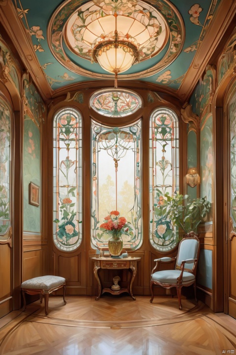 art Nouveau, room, Exquisite decoration, neat and tidy, sort, indoor, realism, detailed background, (masterpiece, best quality, perfect composition, very aesthetic, absurdres, ultra-detailed, intricate details, Professional, official art, Representative work:1.3)