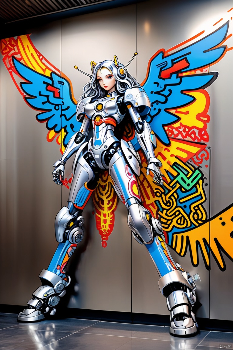 a mecha girl painted on lobby wall, by the Keith Haring, (silver long hair), full-body pose, mechanical wings, dynamic angle, panoramic, Ultra high saturation, bright and vivid colors, intricate, (best quality, masterpiece, Representative work, official art, Professional, 8k)