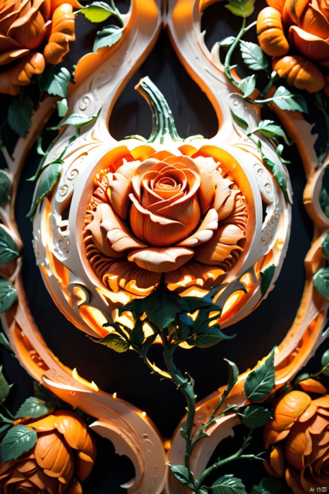 Pumpkin carving of roses, 3D carving, pumpkin color, octane render, enhance, intricate, HDR, UHD, Relief style, (best quality, masterpiece, Representative work, official art, Professional, 8k wallpaper:1.3)