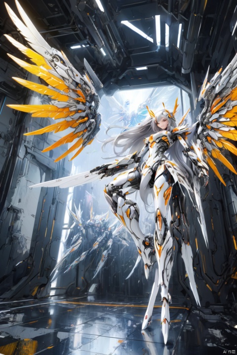 a mecha girl painted on lobby wall, (silver long hair), full-body pose, mechanical wings, dynamic angle, panoramic, Ultra high saturation, bright and vivid colors, intricate, (best quality, masterpiece, Representative work, official art, Professional, 8k)