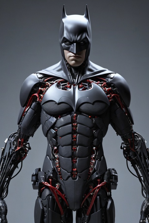 Symmetry, black batman,(highly detailed CG illustration),(an extremely delicate and beautiful),(expressionless),cinematic light,solo,full body,(machine made joints),(machanical limbs),(blood vessels connected to tubes),(mechanical vertebra attaching to back),(wires and cables connecting to body),(character focus),science fiction,((realistic art style)), (best quality, perfect masterpiece, byyue, Representative work, official art, Professional, high details, Ultra intricate detailed:1.3)