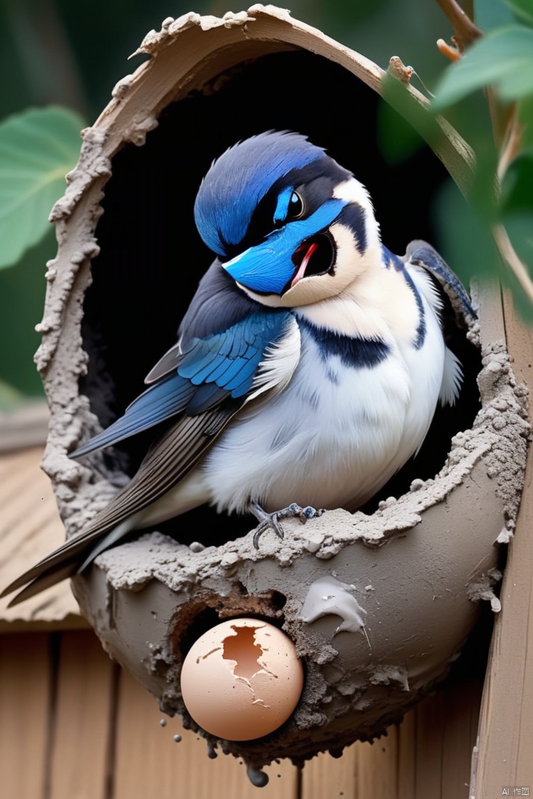 Gouache style, Beautiful detailed ,Little swallows fly and build nests,The little swallow is busy picking up mud,The little mouth keeps opening and closing,The mud chunks picked up each time are not big,Carefully place the mud blocks under the eaves,in the sun,The feathers of the little swallow shine with blue-black luster,Each piece is like a carefully polished gem,Exudes a charming light, Nests are often found in human dwellings.,in the gaps between bridges and other buildings,Sometimes they also build nests in tree holes。The nest is mainly made of a mixture of mud and saliva,cup or disk,There are multiple chambers inside,Used for hatching eggs。The nest has a rough appearance,Color is gray or brown smoother inside,The color is slightly lighter,White painted mud house, panoramic, Ultra high saturation, bright and vivid colors, intricate, (best quality, masterpiece, Representative work, official art, Professional, 8k)