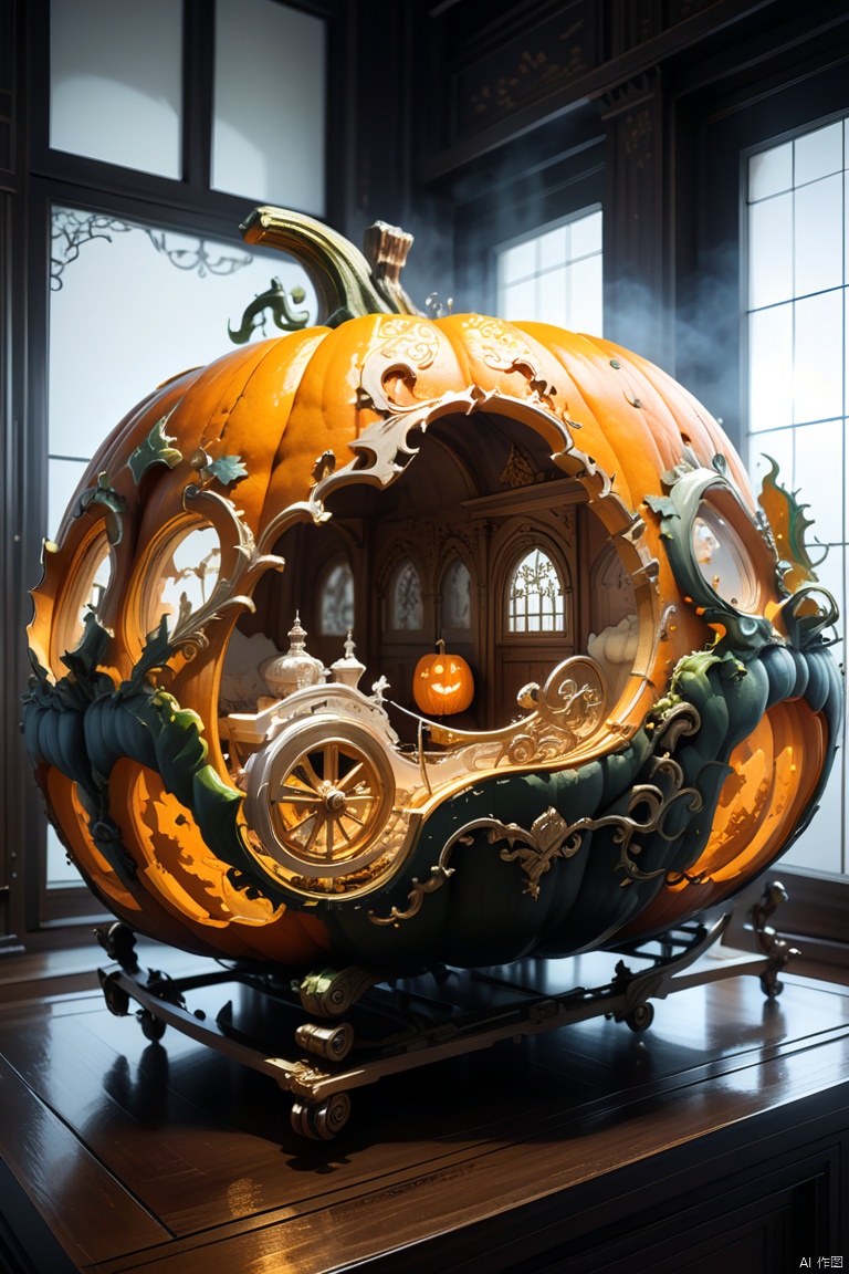 Pumpkin carriage, Carved pumpkin, Art Works, artistic and intricate design, Works made by skilled craftsmen, beautiful european style, elegant, fantasy art, magic, rococo style room, light from window, by Katsuhiro Otomo and Yoji Shinkawa, octane render, (best quality, masterpiece, Representative work, official art, Professional, 8k:1.3)