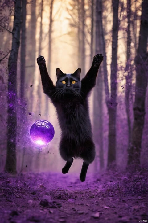 (black cat floating high in the air), wearing purple classy black suit, ruined forest, floating debris, floating person in the air, magic, floating dust, floating magic energy spheres, magic splash, magic sparks, magic lines, magic runes, night time, glowing purple eyes, (masterpiece, best quality, perfect composition, very aesthetic, absurdres, ultra-detailed, intricate details, Professional, official art, Representative work:1.3)