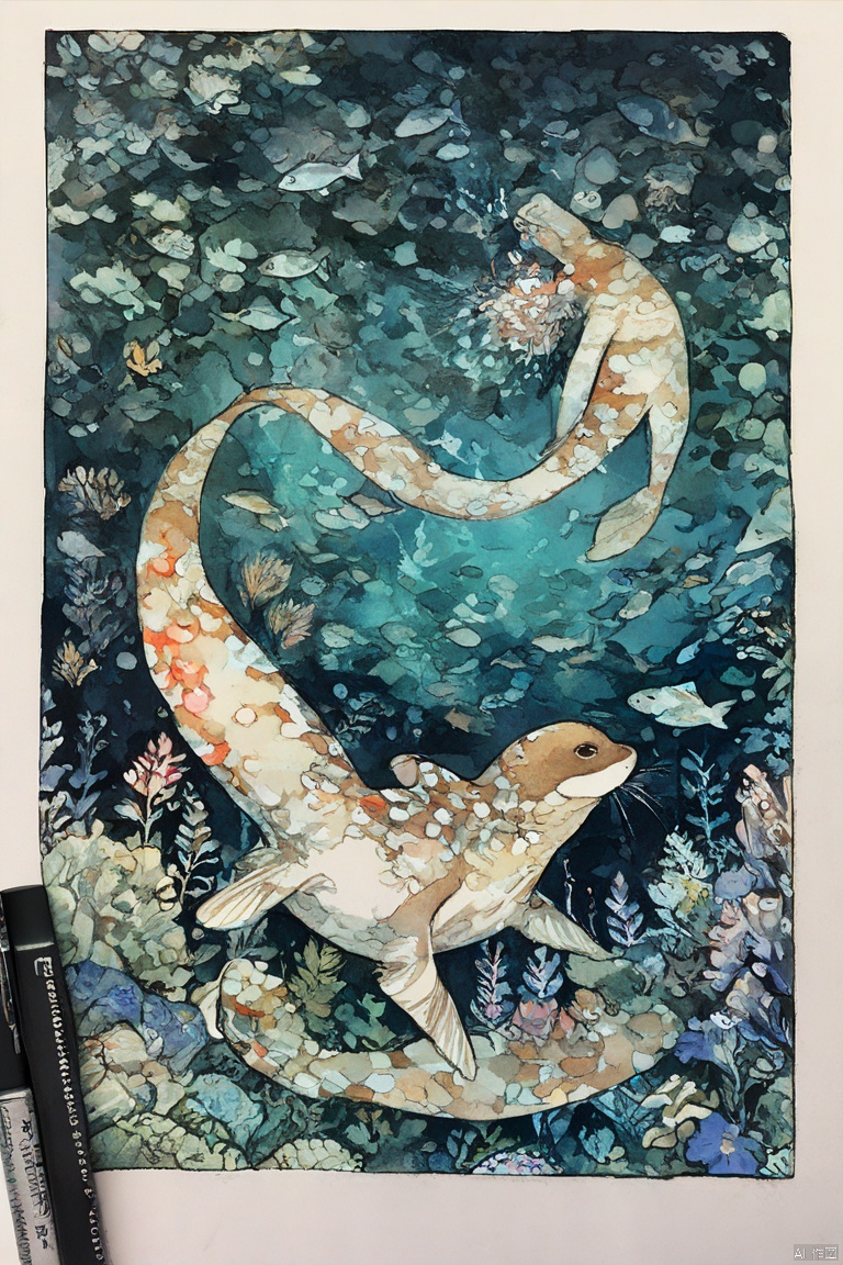 Diving Otter, traditional media, look up, Undersea background, Otter details, Solitary, (masterpiece, best quality, perfect composition, very aesthetic, absurdres, ultra-detailed, intricate details, Professional, official art, Representative work:1.3)