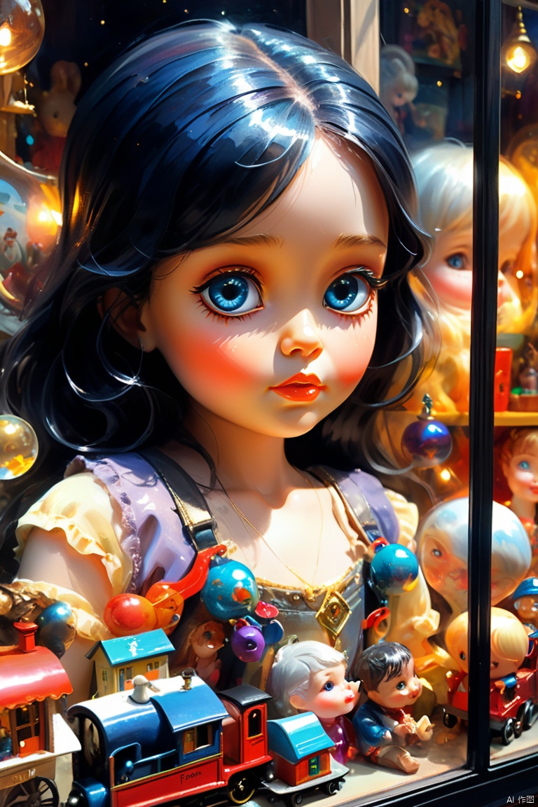 Closeup of an enchanting window display of a toy shop filled with the wonderful magical miniature fantasy world of toys, trains and dolls, midnight shiny glowing moist, deep eyes, delicate scales, magical aura, illustration, perfect shapes and textures, fine details, nose, artistic shaded lighting by giuseppe dangelico pino, artgerm, michael garmash, rob rey, oil painting, wlop, 16k matte painting, a masterpiece, oil gouache melting, acrylic, high contrast, colorful polychromatic, HDR, UHD, (best quality, masterpiece, Representative work, official art, Professional, 8k wallpaper:1.3)