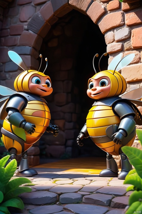 Pixar style, Two Metal Armor bee guards guarding the entrance 
 of beehive castle, panoramic, Ultra high saturation, bright and vivid colors, intricate, (best quality, masterpiece, Representative work, official art, Professional, 8k)