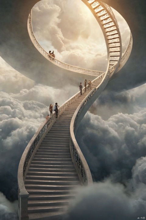 A surreal depiction of the quest for equality, represented by a vast, ((endless staircase winding through the clouds)), with diverse people climbing together toward a shining, elusive doorway at the top. The scene blends elements of fantasy and reality, with barriers along the path symbolizing various social obstacles. The mood is hopeful yet challenging, with ethereal lighting and symbolic motifs scattered throughout, (best quality, masterpiece, Representative work, official art, Professional, Ultra intricate detailed, 8k:1.3)