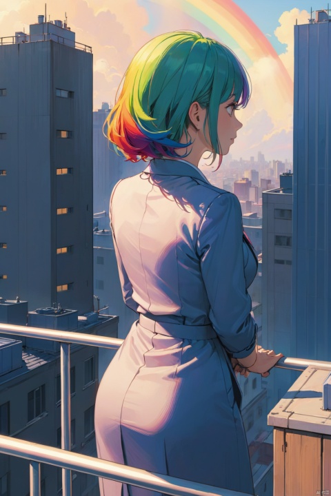 1lady standing, (back of head), (from behind), (leaning on rooftop railing), office worker outfit, mature female, BREAK, (vibrant rainbow:1.2) in the sky BREAK (rooftop of building), outdoors, railing, blue sky, cityscape, detailed background, (masterpiece, best quality, perfect composition, very aesthetic, absurdres, ultra-detailed, intricate details, Professional, official art, Representative work:1.3)