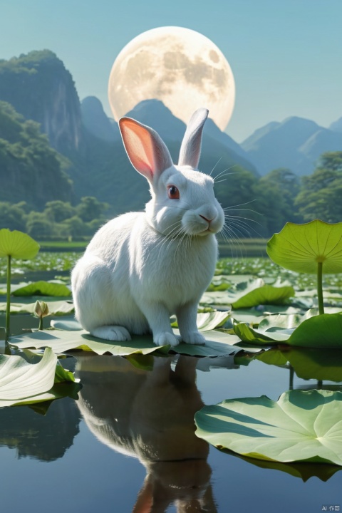 Huge Full Moon,Translucent ethereal animal rabbit,lotus flower,Lotus leaf,Green mountains in the distance,tmasterpiece,high qulity,UHD resolution,Reasonable composition,16k,hyperrealistic fantasy art,Epic, Beautiful dream art,Epic digital dream art illustration, (masterpiece, best quality, perfect composition, very aesthetic, absurdres, ultra-detailed, intricate details, Professional, official art, Representative work:1.3)