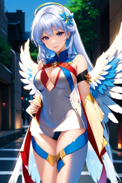 anime artwork Menma, silvery hair, long hair, bangs, angel wings, full body, BREAK, long underpass, crowd background, enhance, intricate, (best quality, masterpiece, Representative work, official art, Professional, 8k), Face Score, (Honma Meiko)