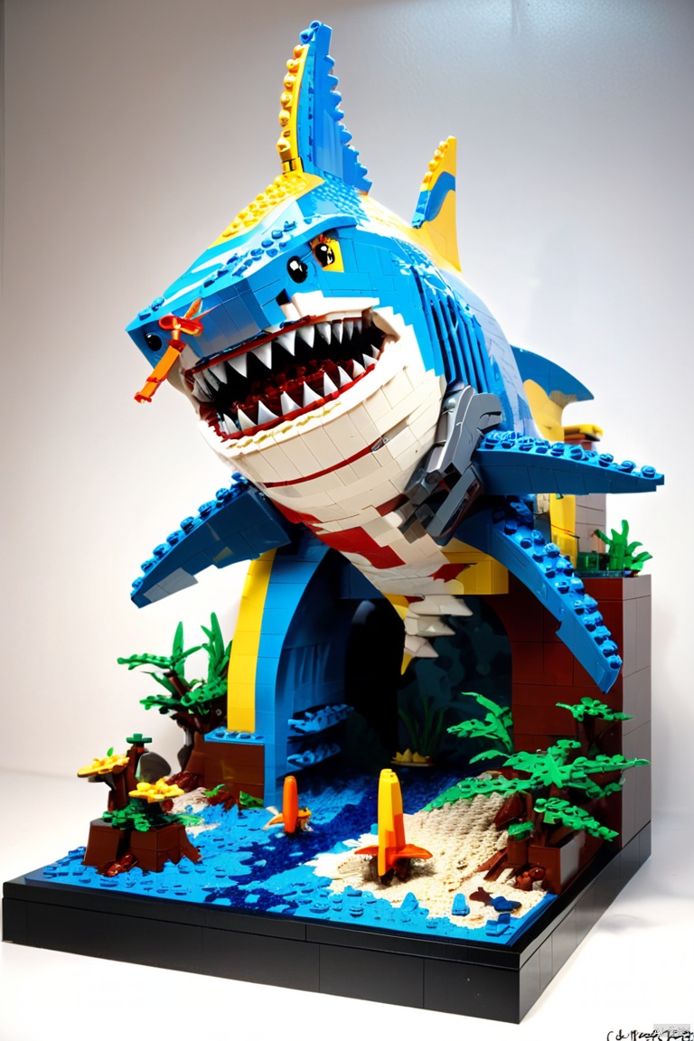 lego shark,impressive,brilliant,playful,striking colors,detailed blocks,shark built with lego pieces,dynamic composition,three-dimensional effect,vivid textures,breathtaking,impressive LEGO masterpiece,artistic,meticulous workmanship,lego sculpture,attention to detail,perfectly constructed,mesmerizing,awe-inspiring,realistic lego shark,detailed teeth,and fins,playful expression,impressive craftsmanship,well-crafted,shark image in lego,alive with color,impressive scale,covered in lego blocks,attention-grabbing,eye-catching,accurate representation,awe-inspiring lego creation,hours of dedication,expertly assembled,fully articulated,impressive lego shark model,creative masterpiece,lego artwork,enchanting lego sculpture,impressive lego design,meticulously constructed,amazing lego creation,impressive lego shark artwork,amazing attention to detail,vibrant lego brick colors, (best quality, masterpiece, Representative work, official art, Professional, 8k:1.3)