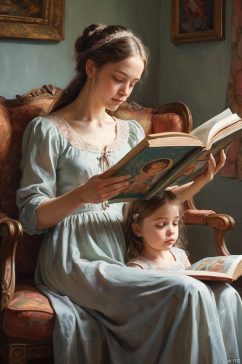 mother reading with cute daughter, home, (masterpiece, best quality, perfect composition, very aesthetic, absurdres, ultra-detailed, intricate details, Professional, official art, Representative work:1.3)