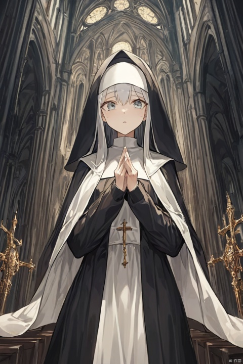 Nun, church, manga style,beautiful detailed face,expressive eyes,sharp contrast,flowing robe,mysterious atmosphere,dark background, (masterpiece, best quality, perfect composition, very aesthetic, absurdres, ultra-detailed, intricate details, Professional, official art, Representative work:1.3)