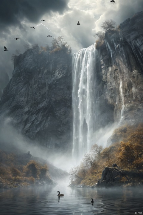 Waterfall like silver curtain hang, Observing the vast expanse of water and clouds. With misty cold smoke and thunder at my ears, geese formation soars southward in the sky, fantasy art, (masterpiece, best quality, perfect composition, very aesthetic, absurdres, ultra-detailed, intricate details, Professional, official art, Representative work:1.3)