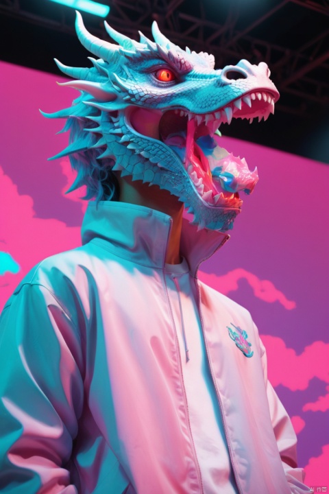 a dragon head Model, (Vaporwave aesthetic clothes), Model_steps on stage, (best quality, masterpiece, Representative work, official art, Professional, 8k)