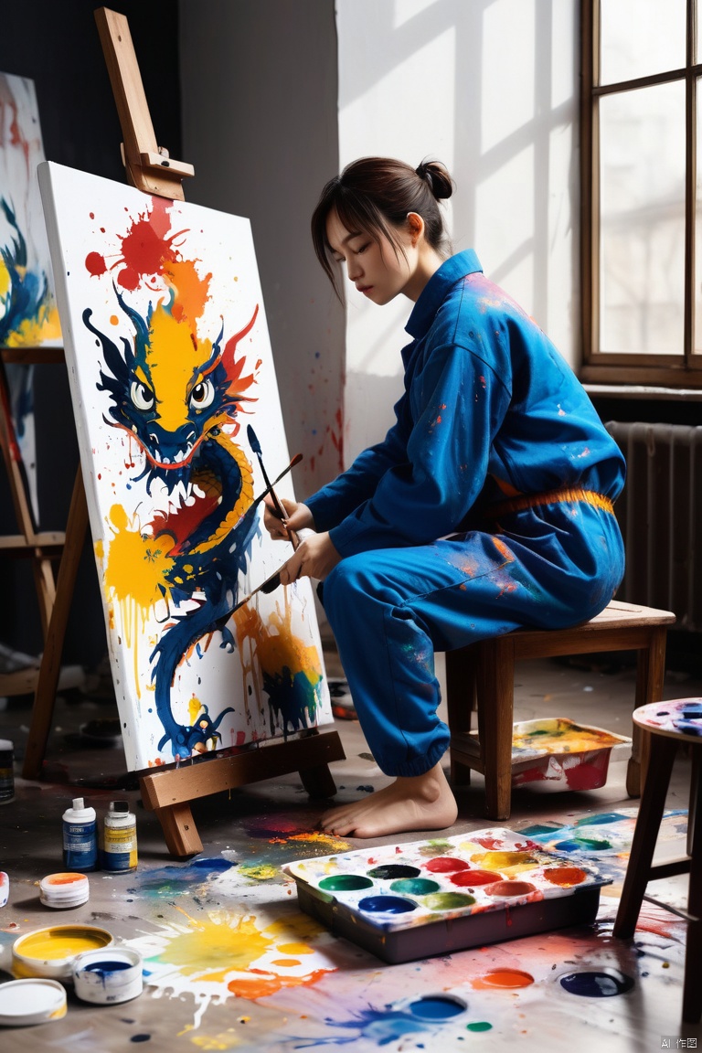 a dragon painter, (painting (a spattering painting) on a canvas), sitting, (jumpsuit splattered with various colors of paint) stylish, delicate illustration ultra-detailed, spattering painting, ink splatter, primary colors, painting brush, palette of paints, artist studio indoors, various works on the wall and the floor, panoramic, Ultra high saturation, (best quality, masterpiece, Representative work, official art, Professional, 8k)