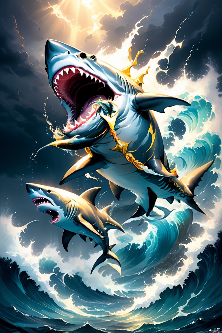 a sea god riding a shark,mythology,divine power, majestic ocean waves, golden trident, shimmering scales,dynamic pose,stormy atmosphere,rippling muscles,endless horizon,oceanic realm,intense gaze,strong current,living force,dreadnought shark partner, (by Miki Asai), (best quality, masterpiece, Representative work, official art, Professional, 8k:1.3)