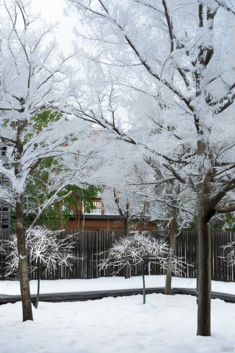 early spring, the harmonious coexistence of white snow and nascent grass sprouts, as well as the artistic conception of snowflakes dotted among the trees in the courtyard like flying flowers