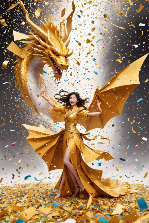  (Golden dragon flying on huge confetti）,Confetti flying like the wind,Alyssa Lazer (Aliza Razell) style, beautiful details,Long range shooting,whole body,elevation angle,The art of paper, panoramic view, Ultra high saturation, (best quality, masterpiece, Representative work, official art, Professional, 8k)