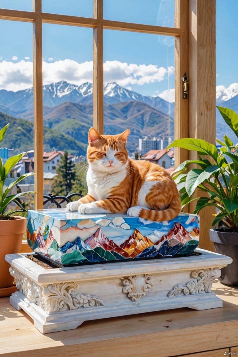 wide view, Mechanical cat, sleeping on marble planter wooden pot, colorful scenic mountains clear sky through window panes background, (best quality, masterpiece, Representative work, official art, Professional, Ultra intricate detailed, 8k:1.3)