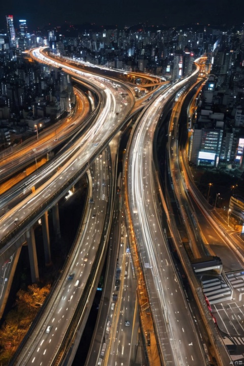 Giant crescent moon、raw、nighttime scene、tokyo streets、Flowing Lines of Light、Metropolitan Expressway Junction, (masterpiece, best quality, perfect composition, very aesthetic, absurdres, ultra-detailed, intricate details, Professional, official art, Representative work:1.3)