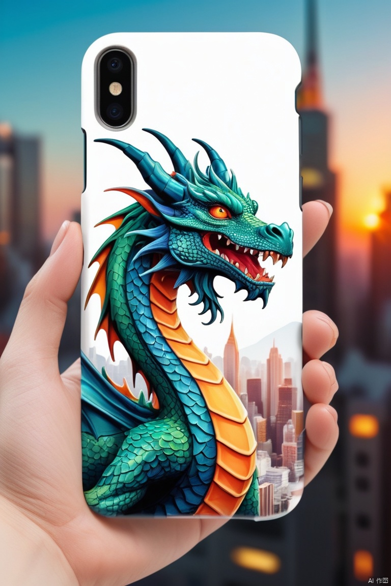 Tips for generating a stable diffuse image of a sticker on a phone case can be as follows: a dragon on mobile phone case, Phone case design, Super detailed, bright colors, sharp focus, Physically based rendering, Creative, hand drawn style, detailed landscape, city View, customizable Phone case design, Exquisite details, A unique perspective, Mobile phone accessories