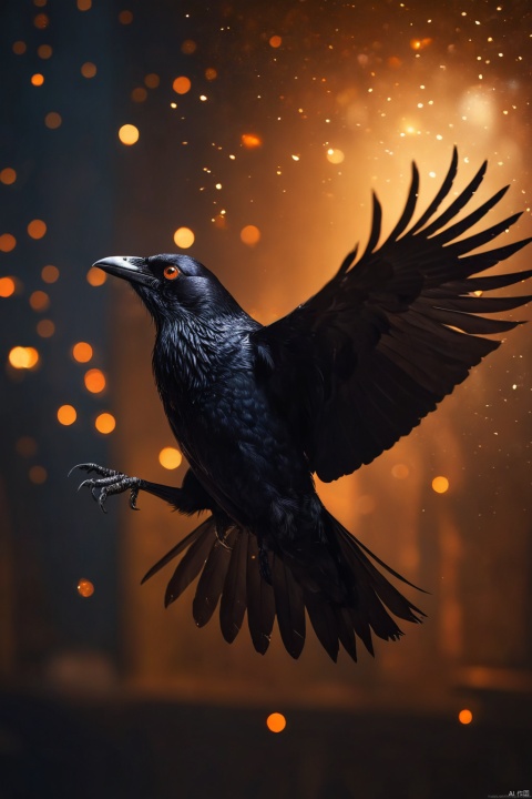 flying crow, digital art, beautiful lighting, shining feathers, dark orange luminous eyes, bokeh, shining black, glitter, sparkle, gleam, in a dark fantasy space, (masterpiece, best quality, perfect composition, very aesthetic, absurdres, ultra-detailed, intricate details, Professional, official art, Representative work:1.3)