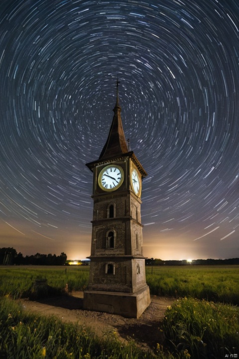 A lone, old clock tower stands in a field of hourglasses, each brimming with stardust, under a time-lapse sky where stars swirl into infinity.
Elements:
Foreground: A sea of hourglasses with stardust flowing like sand.
Subject: A weathered clock tower, hands frozen at midnight.
Sky: Stars tracing circular paths, showcasing Earth's rotation.
Technical Specs:
Lens: Wide-angle for a vast scene, f/2.8 for depth and clarity.
Settings: Exposure time set to capture star trails; low ISO to reduce noise.
Focus: Hyperfocal to maintain sharpness across the field.
Composition:
Clock tower positioned off-center, following the rule of thirds.
Curved star trails balance the composition above.
Lighting:
Ambient moonlight complemented by subtle artificial lighting to highlight the clock tower s textures, (masterpiece, best quality, perfect composition, very aesthetic, absurdres, ultra-detailed, intricate details, Professional, official art, Representative work:1.3)