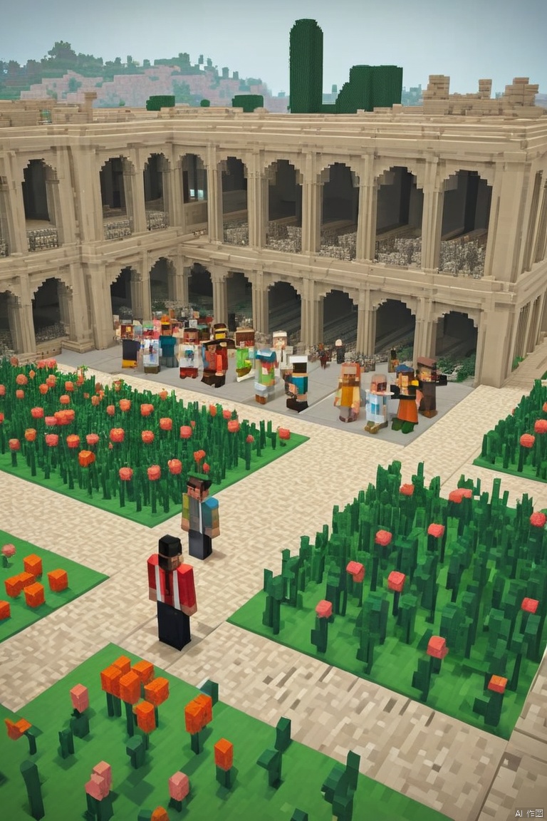 Francisco de Goyas The Third of May 1808 and Louis Kahns Salk Institute reimagined in a Minecraft style art, Blocky, pixelated, vibrant colors, recognizable characters and objects, game assets, Minecraft style, (masterpiece, best quality, perfect composition, very aesthetic, absurdres, ultra-detailed, intricate details, Professional, official art, Representative work:1.3)