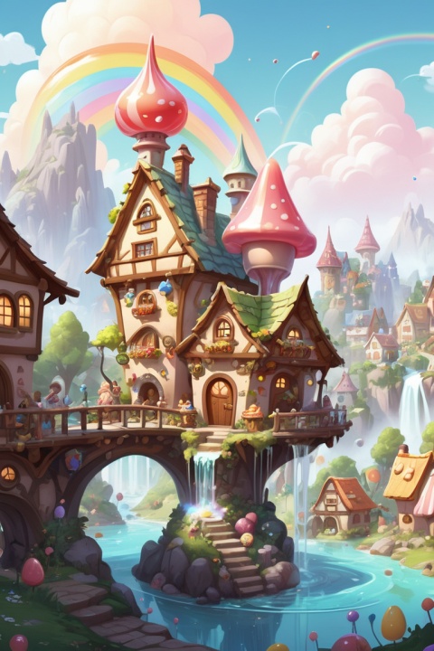 (dynamic illustration of Fairy Tale Village:1.2), candy Fountains, candy, honey, rainbowSuger, Fairy Tale, children's picture book, stock illustration style, fantasy art, Dreamscape, whimsical, concept art, surrealistic, Disney Style, Country style, Lolita, kawaii art, chibi, Strategy Game, enhance, intricate, (best quality, masterpiece, Representative work, official art, Professional, unity 8k wallpaper:1.3)