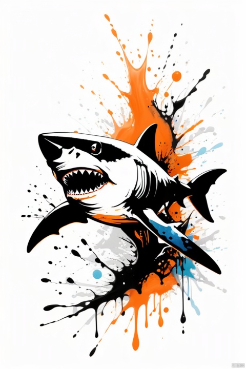 a shark in calligraphy style, splash effects, ink blobs, mostly black and white with some orange. White background, splotches