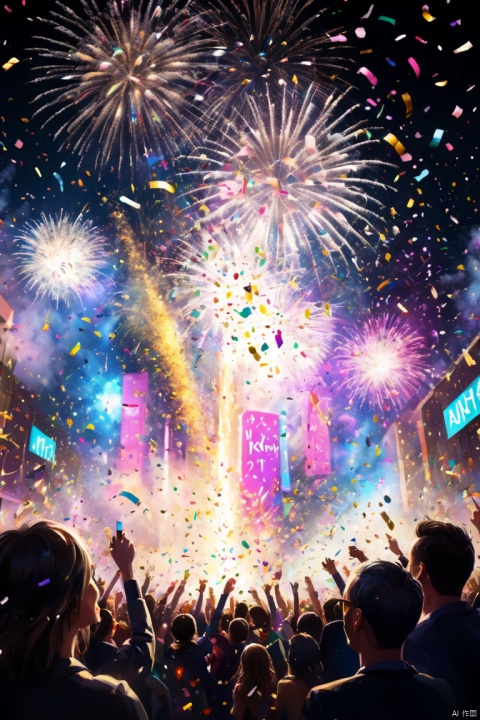 New Year Eve celebration, people gather in squares or bars, colorful confetti falls from the sky accompanied by fireworks and cheers, panoramic view, Ultra high saturation, (best quality, masterpiece, Representative work, official art, Professional, 8k)