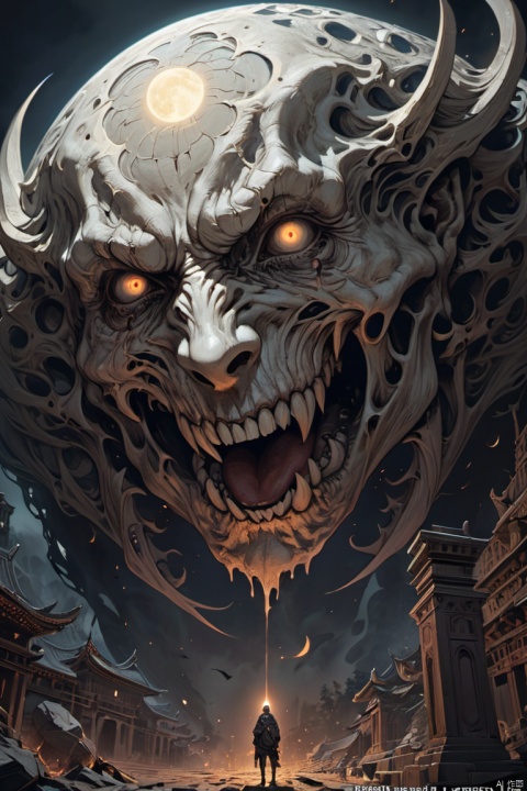 Huge scary moon with a human face, (masterpiece, best quality, perfect composition, very aesthetic, absurdres, ultra-detailed, intricate details, Professional, official art, Representative work:1.3)