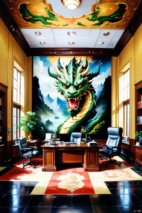 The office on the headquarters of government facing painting of dragon, floor-to-ceiling size dragon painting with intricate details, amazing wallpapers, official surroundings, optimistic matte photography, Beautiful digital artwork, office background, Beautiful and detailed scenes, official concept art, panoramic, Ultra high saturation, (best quality, masterpiece, Representative work, official art, Professional, 8k)