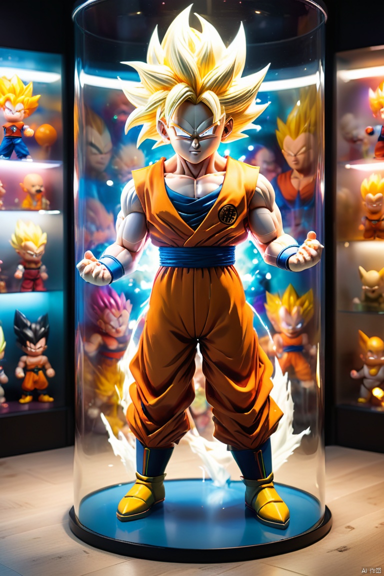 In a toy store,（Super Saiyan toys in glass display case）,（detailed facial featureest quality）,(Vibrant color right lighting）,（3D rendering）,（Super detailed）,（lifelike）,（studio lighting）,（Colorful background）, octane render, enhance, intricate, HDR, UHD, (best quality, masterpiece, Representative work, official art, Professional, 8k wallpaper:1.3)